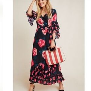 Anthropologie Blnk Black and Red Rose Wrap Dress